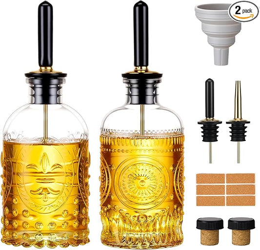 Baalaka Olive Oil Dispenser Bottle for Kitchen with Metal Spout, Glass Oil Bottles 7OZ, Elegant Glass Cooking Dispenser for Kitchen Juice Mouthwash Honey Syrup Coffee Syrup-2pcs