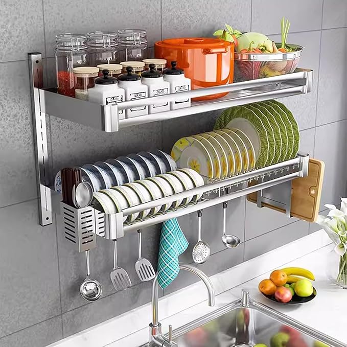 Wall Mounted Kitchen Dish Organizer Rack, 2 Tier Hanging Dish Drying Rack Over Sink, Adjustable Height Bowl Holder, Stainless Steel Storage Shelf for Kitchen Counter (80x30x50 cm / 31.5x11.8x19.7 in)