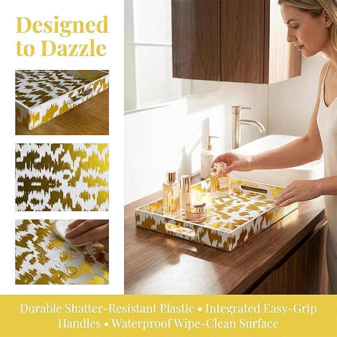 White & Gold Glitter Abstract Serving Tray with Handles, 15.8”x11.7”x1.6” Rectangular Decor Tray – Multipurpose for Breakfast in Bed, Bathroom Vanity, Living Room & Entertaining