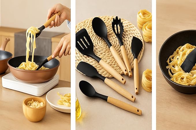 Silicone Cooking Kitchen Utensils Set – BPA‑Free, Non‑Toxic, Non-Stick, Heat‑Resistant to 446 °F, Non‑Scratch Wooden Handles + Utensil Holder (Black)