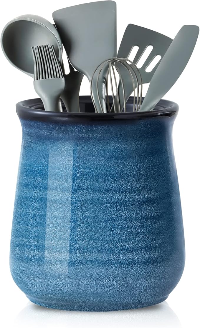 HASENSE Extra Large Ceramic Utensil Holder Crock for Kitchen Counter, 7.1” x 5.9” Vintage Farmhouse Blue Caddy, Rustic Kitchen Utensil Organizer for Spatulas, Spoons & Cooking Tools