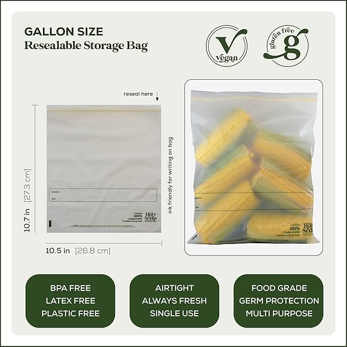 100% Compostable Food Storage Bags 1 GALLON Size - 25 Pack - Resealable Extra Strength Zip Seal Bags Made from Plants, Eco Friendly, Freezer Safe - BPI Certified, OK Compost Home