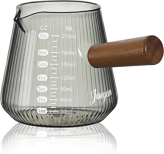 Joeyan Espresso Measuring Cup, 7oz Gray Espresso Shot Cups with Handle, Double Scale Glass Measuring Cup with Spout, Ribbed Milk Frothing Pitcher, Espresso Machine Coffee Bar Accessories