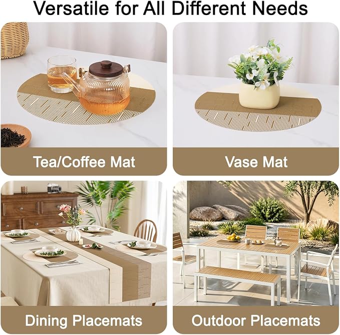 Round Placemats Set of 8, 15 Inch Woven Vinyl Heat Resistant Place Mats, Washable Non Slip PVC Table Mats for Kitchen Dining Party Outdoor Table Decor (Beige Light Brown, 8)