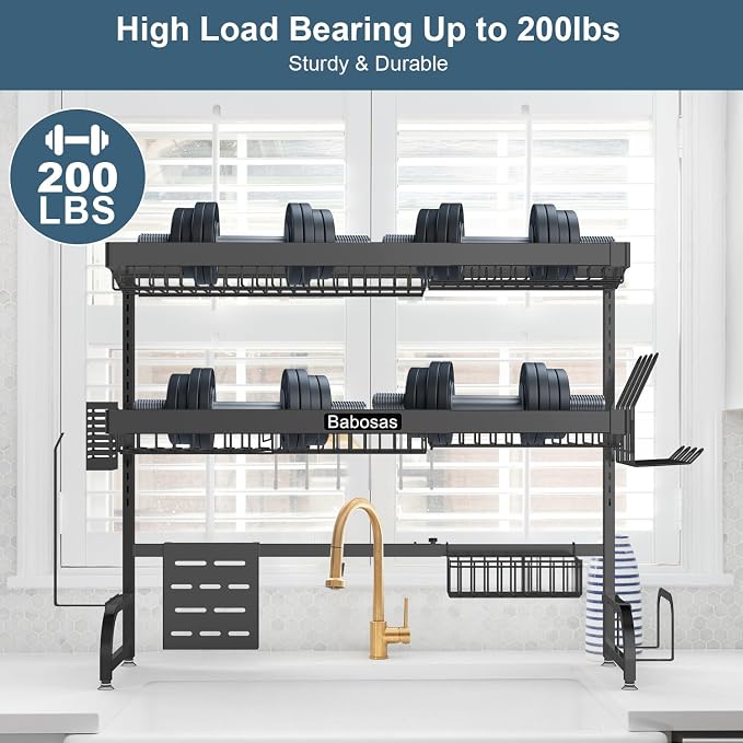 Over The Sink Dish Drying Rack,3 Tier Adjustable Length (25.5'' to 37.4'') Full Stainless Steel Large Storage Kitchen Dish Rack,for Kitchen Counter,Expandable Multifunctional Organizers,Black