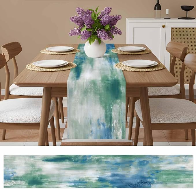 Blue Green Table Runners 60 Inches Long, Cotton Linen Fabric Table Runner Dresser Scarf, Modern Abstract Minimalist Texture Watercolor Tablerunner for Party/Kitchen/Dinner/Wedding Decor 13"x60"