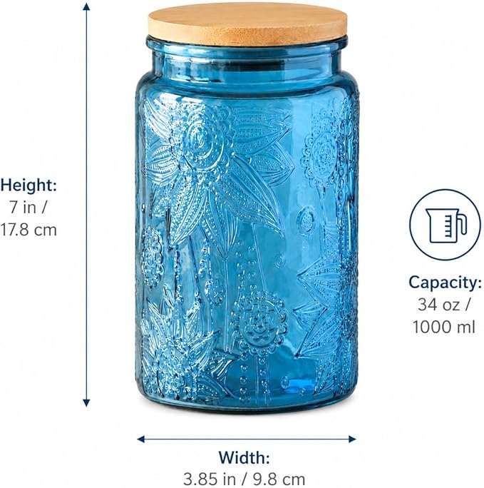 ANSQU Blue Glass Jars, 34oz Vintage Glass Kitchen Storage Counter Jar, Candy Jars with Lids, Decorative Mason Jars Hold Coffee Beans, Tea, Cookie, Sugar, Bath Salts (Blue, 2 Pack)