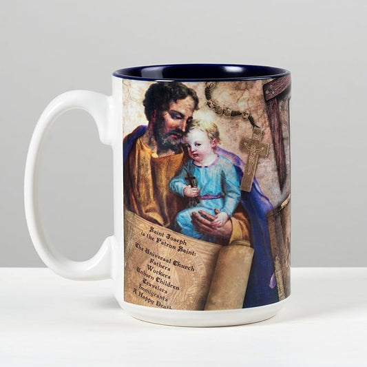 St. Joseph Story Mug – 15 oz Ceramic – Exclusive Catholic Company Design – Microwave Safe – Hand Wash Only – Inspirational Gift