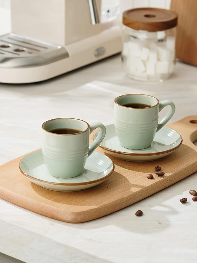 famiware amiware Jupiter Espresso Cups and Saucers Set of 4, 3 oz Ceramic Small Coffee Mug with Handle, Spiral Stoneware Demitasse Cup for Tea, Latte, Cafe - Microwave & Dishwasher Safe, Light Green