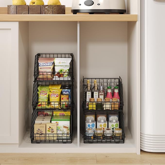 3-Tier Stackable Wire Baskets for Counter, Fruit and Vegetable Storage, Potato and Onion Storage Bin，Kitchen Pantry Organizer - Wall Basket for Produce/Snack/Can, Black
