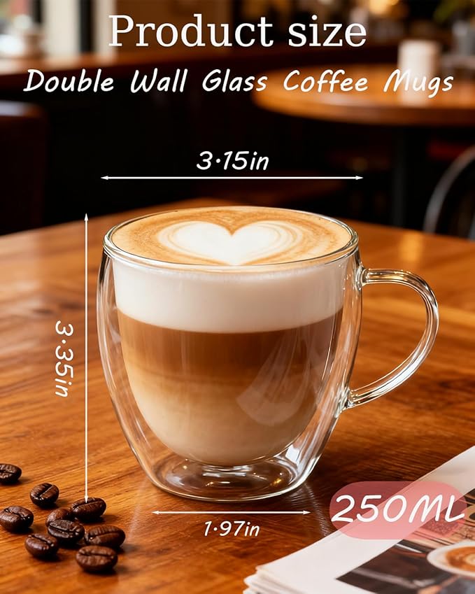 Glass Coffee Cups Set Of 6 - 8.5oz Double Walled Glass Coffee Mugs with Handle,Clear Insulated Borosilicate Glass Mug,Suitable for Cappuccino,Tea,Latte,Hot Beverage and Wine (6 Pack 8.5oz +6 Spoons)
