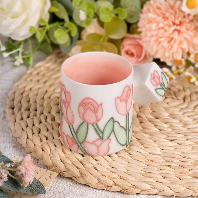 KAMMAK Ceramic Teacups - 155ml/5.2oz Coffee Cup - Set of 2 Hand-Painted Ceramic Cups - Small Vintage Mate Cup - Cute Mugs for Women - Ideal for Birthday, Afternoon Tea & Housewarming Gifts