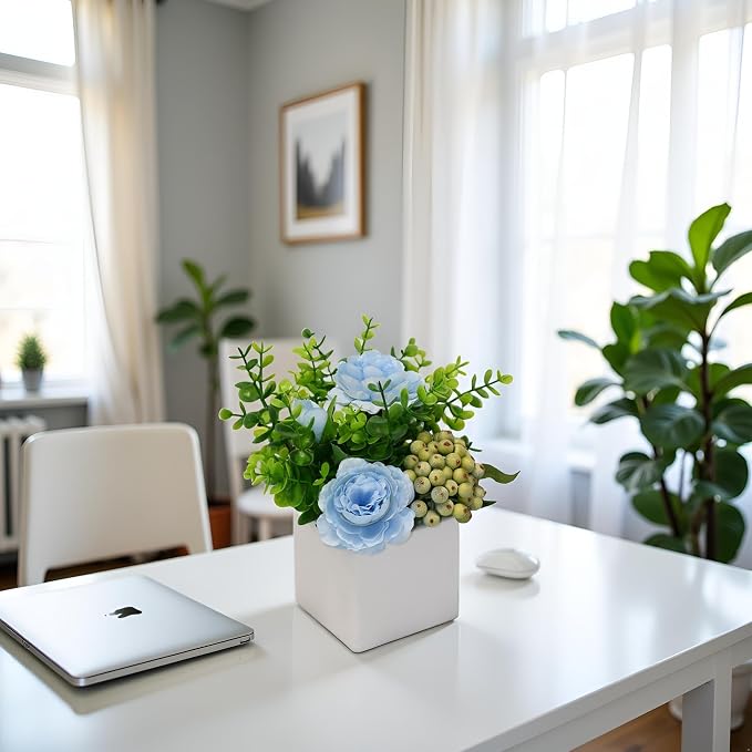 LADADA Artificial Blue Rose Potted Flowers with White Square Vase | Faux Eucalyptus Leaves Frosted Berry Floral Arrangement,Small Fake Silk Flower Centerpiece for Office Shelf Home Indoor Decor