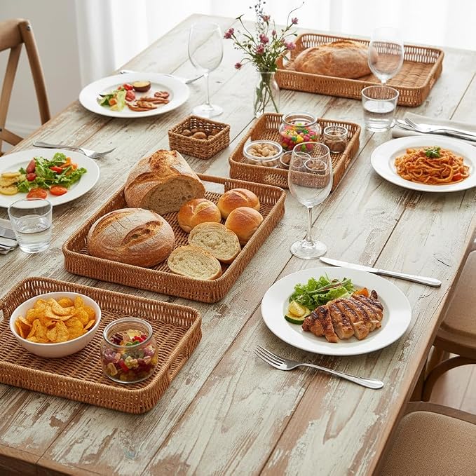 3pcs Rectangular Serving Tray with Handles, Decorative Wicker Organizer Baskets Storage Tray for Coffee Table, Bread, Fruit, Snacks, Table Centerpiece Decor