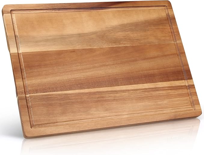 17" Best Solid Acacia Wood Cutting Boards for Kitchen Meat Large Wooden Charcuterie Board Food Non Toxic Hardwood Chopping Boards with Juice Groove Thick Butcher Block Big Bread Serving Cheese Board