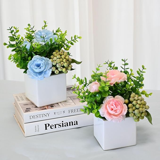 LADADA Artificial Blue Rose Potted Flowers with White Square Vase | Faux Eucalyptus Leaves Frosted Berry Floral Arrangement,Small Fake Silk Flower Centerpiece for Office Shelf Home Indoor Decor