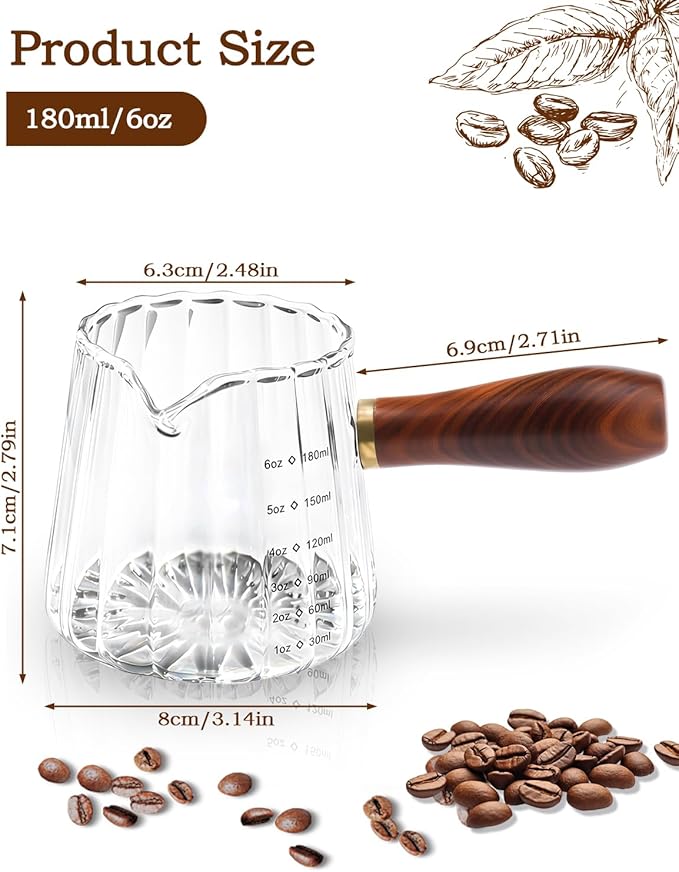 Espresso Measuring Cup, 6oz Borosilicate Glass Espresso Cups with Wood Handle (2.71in Long Grip), V-Shaped Spout Ribbed Milk Frothing Cup for Coffee, Latte, Tea, Syrup – Dishwasher Safe