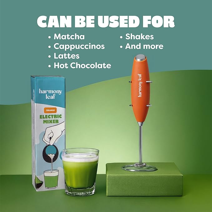Harmony Leaf Handheld Milk Frother, Stainless Steel Electric Drink Mixer with Stand, Battery Operated Coffee Frother for Lattes, Matcha, Hot Chocolate and More, Orange