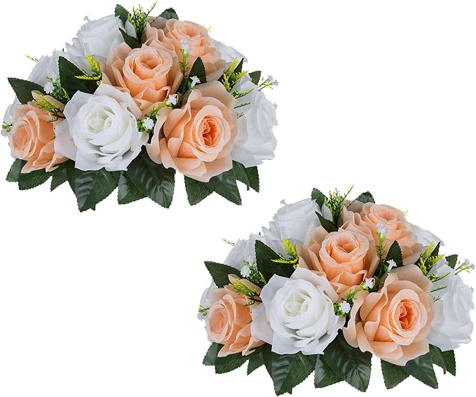 BLOSMON Flower Ball Centerpieces for Tables: 2pcs Peach Fuzz Fake Rose | 9.5 Inch Kissing Balls Floral Arrangement for Home - Artificial Silk Bouquet with Base Home for Wedding Party DIY Decoration