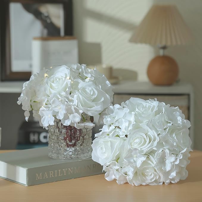 Rose Silk Flower Arrangement Artificial Vivid Rose in Glass Vase with LED Light Elegant Centerpiece for Home Wedding Bathroom Table Shelf Decoration (Pure White)