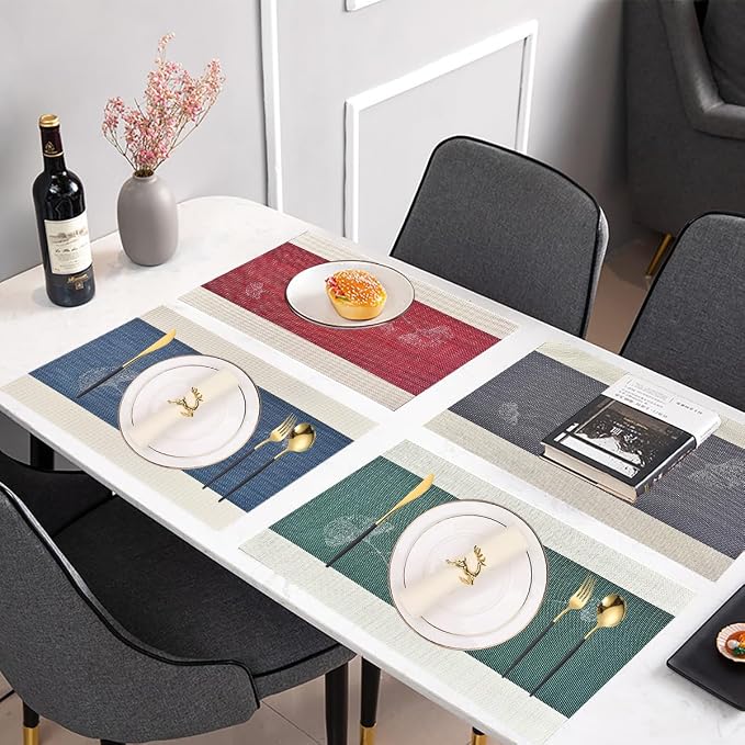 PIGCHCY Elegant Placemats with Matching Table Runner,Washable Durable Plastic Placemats for Dining Table Sets(6pcs Placemats+1pcs Table Runner, Gray)