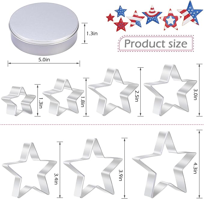 7-Piece Star Cookie Cutter Set with Metal Storage Tin | Stainless Steel Baking Tools for Cookies, Biscuits, Sandwiches | Kids Holiday Party Gift, Food Safe & Dishwasher Safe