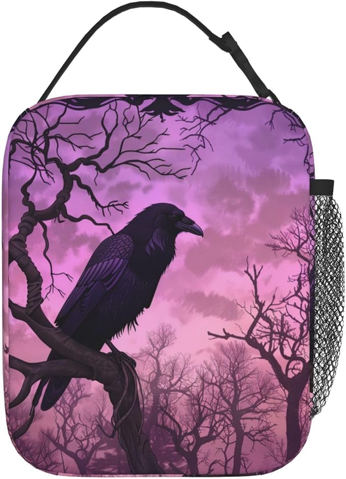Gothic Raven Forest Lunch Bag for Women Men Adults, Insulated Lunch Box for Work, Sports, Travel, Picnic, Hiking, Fishing, Dark Purple Crow Theme Lunchbox Gifts