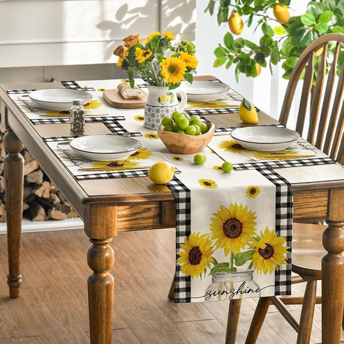 Artoid Mode Buffalo Plaid Sunflower Sunshine Vase Summer Placemats Set of 6, 12x18 Inch Spring Table Mats for Party Kitchen Dining Decoration