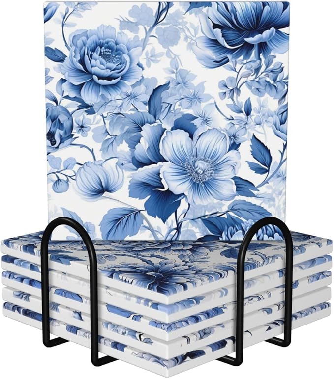 Coaster for Drinks Set of 6, Blue Vintage Spanish Ceramic Floral Absorbent Round Ceramic Stone Mat, with Cork Base and Metal Holder, Gift for Housewarming Room Bar Decor (Vintage Blue Floral-7)