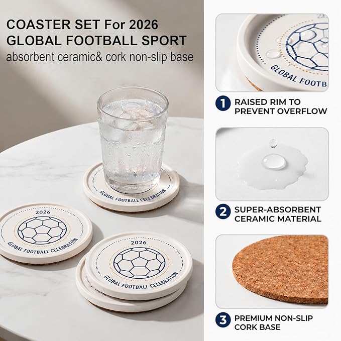 Y2026 Drink Coasters Set of 2 for The World Cup, Anti-Slip Thick Cork Absorbent Coasters with Raised Edge, Stone Drying Mat for Cups, Sink Tray, Soap Dish & Small Plants (2PACK 4X4X0.39 in_footable)