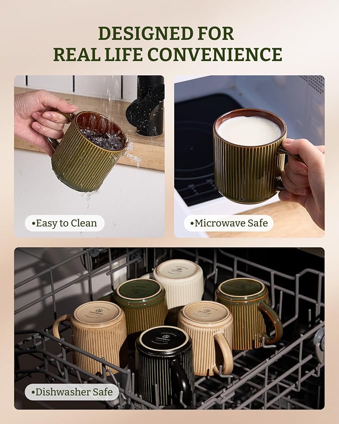 famiware Coffee Mug Set for 4, Star 12 oz Catering Mugs Cup Set with Handle for Coffee, Tea, Cocoa, Milk - Ceramic Stoneware Drinkware Set, Moss Cocoa