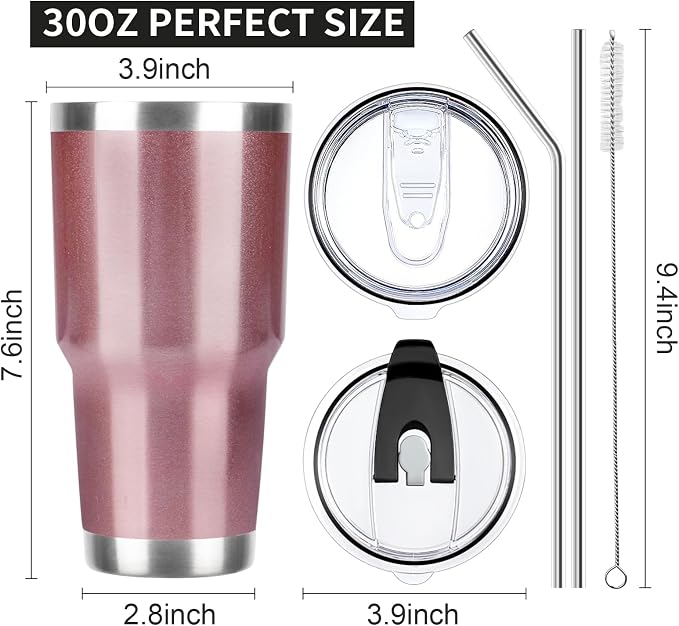30 oz Tumbler with Lids and Straws Double Wall Vacuum Insulated Tumbler Cup,Stainless Steel Leak-proof Thermal Tumbler Travel Coffee Mug for Cold and Hot Drinks,Rose Gold