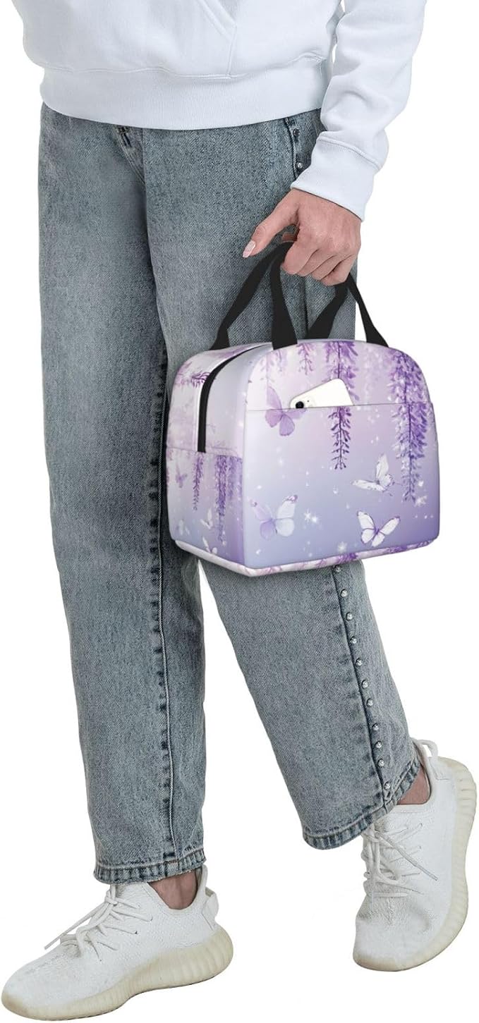 Lunch Bag Lavender Butterfly Light Purple Flower Insulated Lunch Box Reusable Cooler Tote for Adults Student Girl Boy Work Office School Picnic Over 3 Years Old