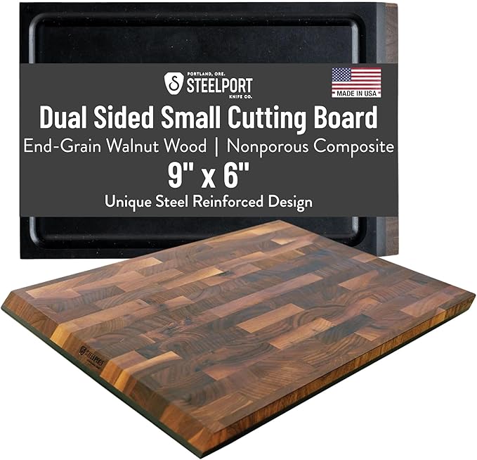 STEELPORT Small Cutting Board 9"x6" - Steel Reinforced, Utlra-thin Butcher Block | Dual Sided - End-grain Walnut Wood, Composite Side | Chopping Board with Juice Groove | USA Made for Home, Chefs