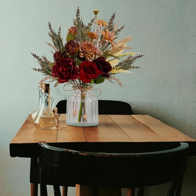 LESING Dahlia Flower Aritificial Flower with Vase Fake Silk Flowers in Glass Vase Faux Rose Flowers Arrangement for Home Office Table Centerpiece Decoration (Claret Red)