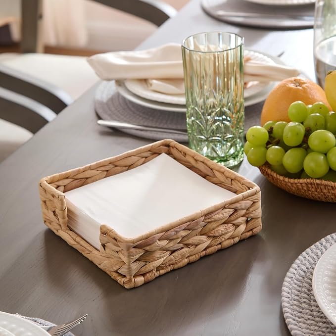 Water Hyacinth Napkin Holder for Table, Rattan Napkin Holder, Square Wicker Napkin Towel Holder for Bathroom, Kitchen, Restaurant, Decorative Tabletop Accessory, 7.5" x 7.5" x 2.5"