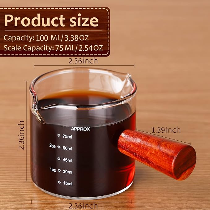 Bincoo 100ML Espresso Shot Glass with Wood Handle - Double Spout Measuring Cup for Perfect Latte Art, Dishwasher Safe, Easy-Pour Design (OZ/ML Markings)