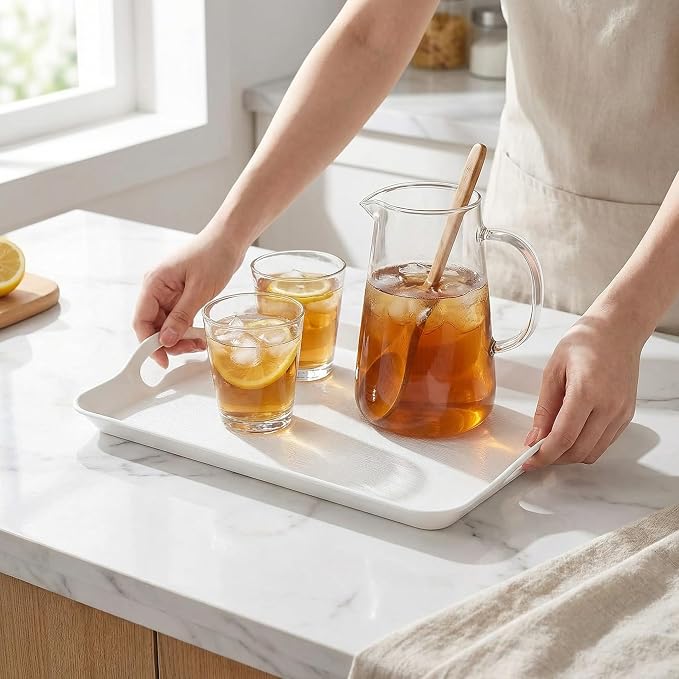 Cedilis 3 Pack Serving Trays with Handles, 16 x 11IN Food Serving Tray, Rectangular Plastic Stackable Tray for Restaurant, Parties, Coffee Table, Kitchen (White)