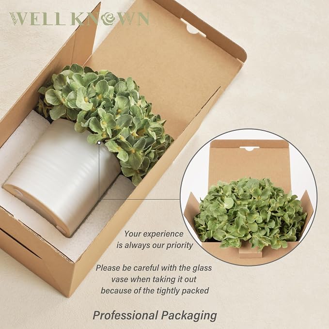 Hydrangea Fake Flowers in Vase, Artificial Flowers with Ceramic Vase Small Faux Potted Plant Arrangements for Bathroom Home Desk Kitchen Counter Vanity Shelf Coffee Table Centerpiece Decor (Green)