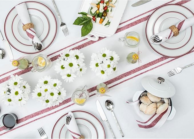 Solino Home Striped Linen Table Runner 36 Inches - 100% Pure Linen Burgundy and White French Stripe Small Table Runner 14 x 36 Inch Ideal for Dresser and Coffee Tables