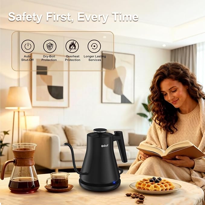Gooseneck Electric Kettle 0.8L (27oz) - 1000W Rapid Fast Boiling Tea Kettle with Auto Shut Off & Boil-Dry Protection, Stainless Steel Leak-Proof Water Boiler for Pour Over Coffee, Black