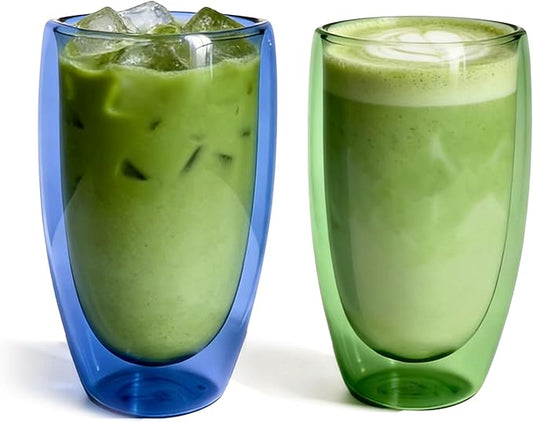 Double Wall Glass Cup Set of 2 - Insulated Coffee Mug for Hot&Cold Drinks - for Home Café Iced Matcha, Coffee, Mixed Drinks, Colored Premium Borosilicate Glass in Ocean Blue/Botanic Green