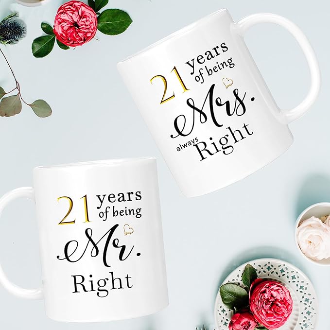 21th Anniversary Coffee Mugs Set of 2, 21 Year Anniversary Wedding Gifts Decorations for Couple Parents Men Women Husband Wife Him Her, Gift Box Packaging, 11oz
