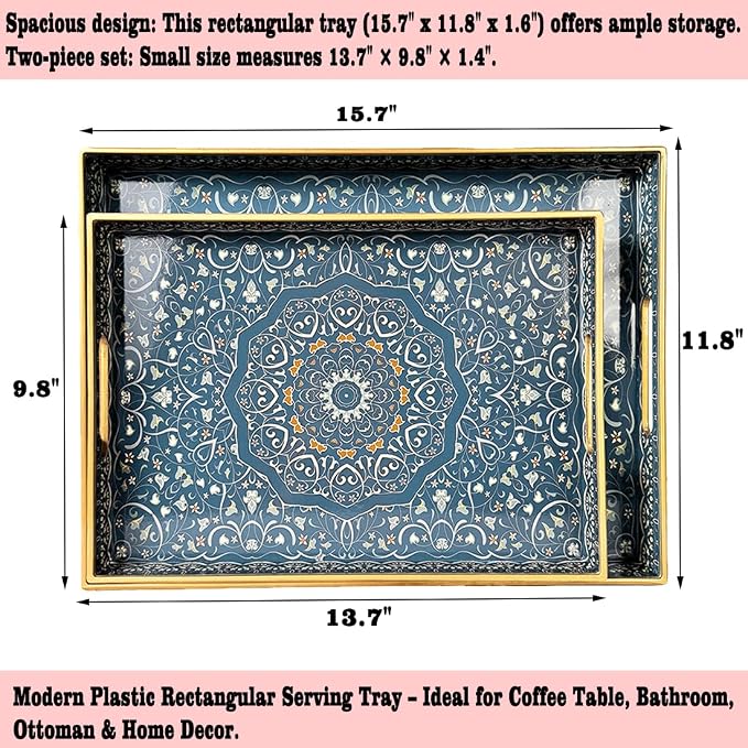 Decorative Tray, Blue Serving Tray with Handles, Set of 2, Plastic Coffee Table Tray for Living Room, Ottoman, Bathroom, Kitchen, Decor, Large 15.7”*11.8”, Small 13.7"*9.8"