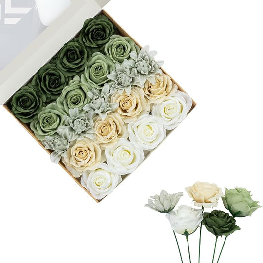 FANKO Artificial Flowers for DIY, Green White Cream Faux Flowers Bouquet, Fake Rose Silk Flowers for Vase, Home Decor, Garlands, Greenery-Themed Wedding, Party, Housewarming