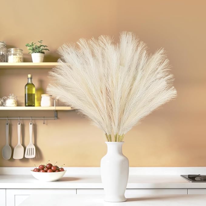 TORONTOKYO 8Pcs Beige Faux Pampas Grass Tall Decor, 35.4” Fluffy Artificial Pompous Grass Branches, Large Pampas Grass Reed Stems for Floor Vase Filler, Wedding, Baby Shower, Home Boho Decor