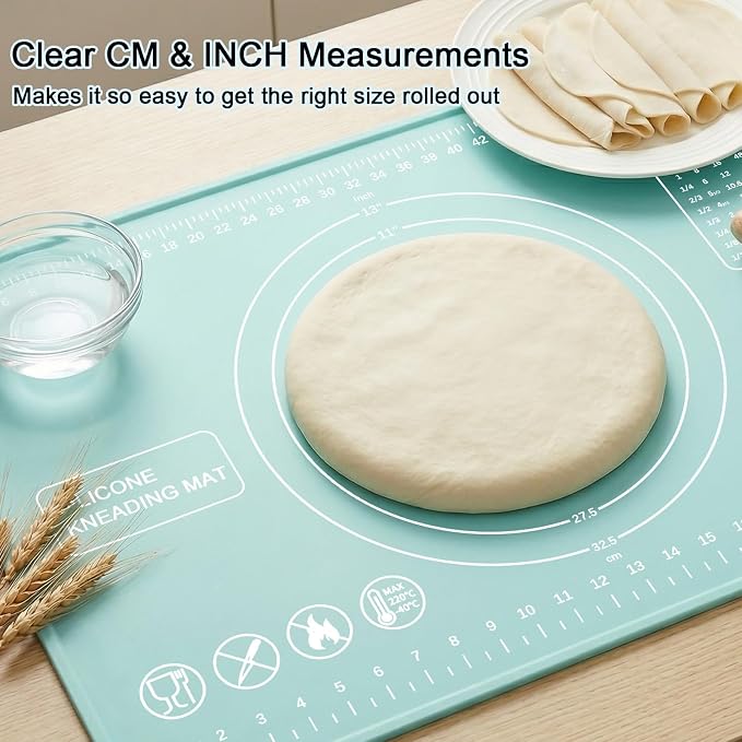 Silicone Pastry Mat 28" x 20" Extra Thick Silicone Baking Mat with Measurements and Edge Heightening Non-stick Food Grade Dough Rolling Mat Kneading Sheet for Pastry, Bread, Cookies (Mint Green)