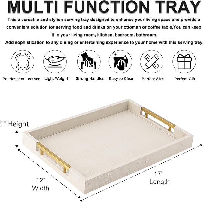 Beige Faux Leather Serving Tray with Handles – Large Decorative Tray for Coffee Table, Ottoman, Living Room, Bathroom – Home Decor