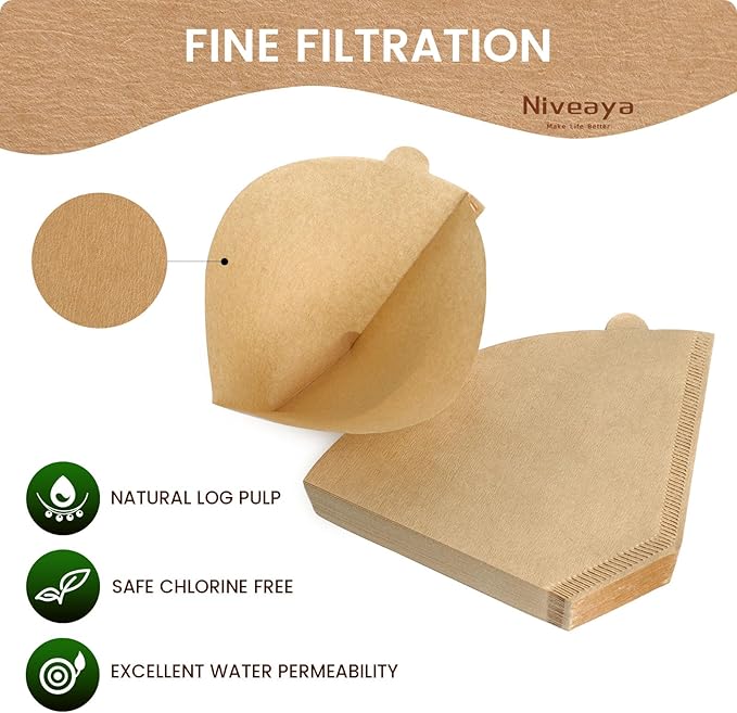 Niveaya 200 Count Coffee Filters #4, Unbleached Natural Brown Coffee Filters 8-12Cup, Disposable Cone Paper Fliters for Pour Over and Drip Coffee Maker (Pack of 2)