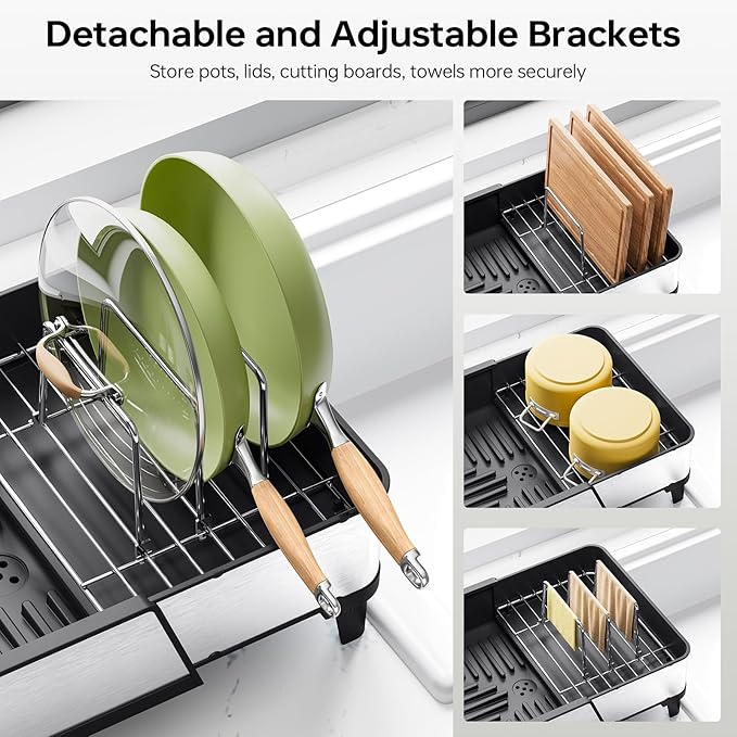 Urackify Large Dish Drying Rack - Triple Expandable Dish Rack for Kitchen Counter, Stainless Steel Sink Organization and Storage Essentials with Utensil & Pans Holder for Home and Appartment, Black